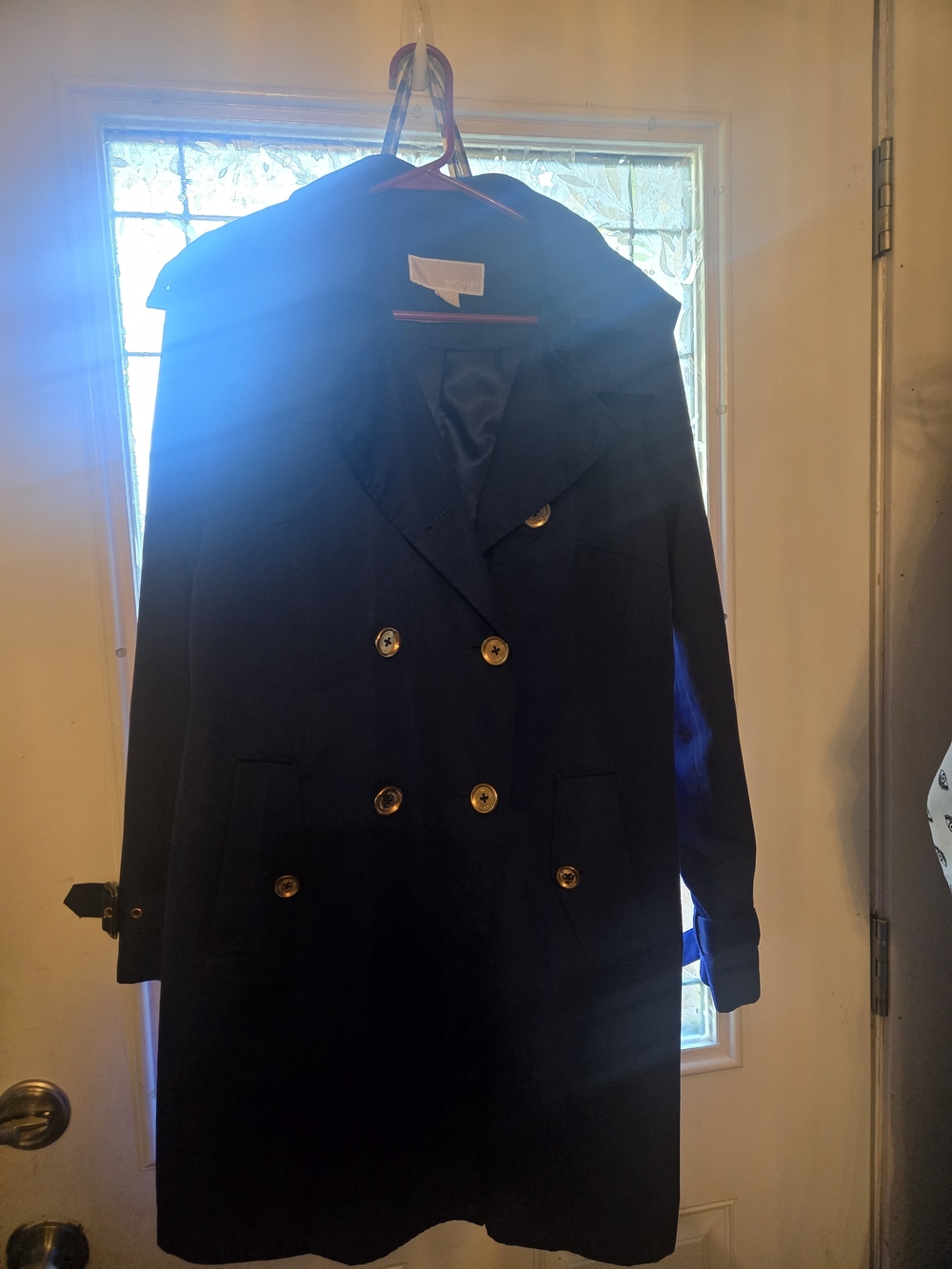 Michael Kors Blue Double-Breasted Trench with Gold-Tone Buttons